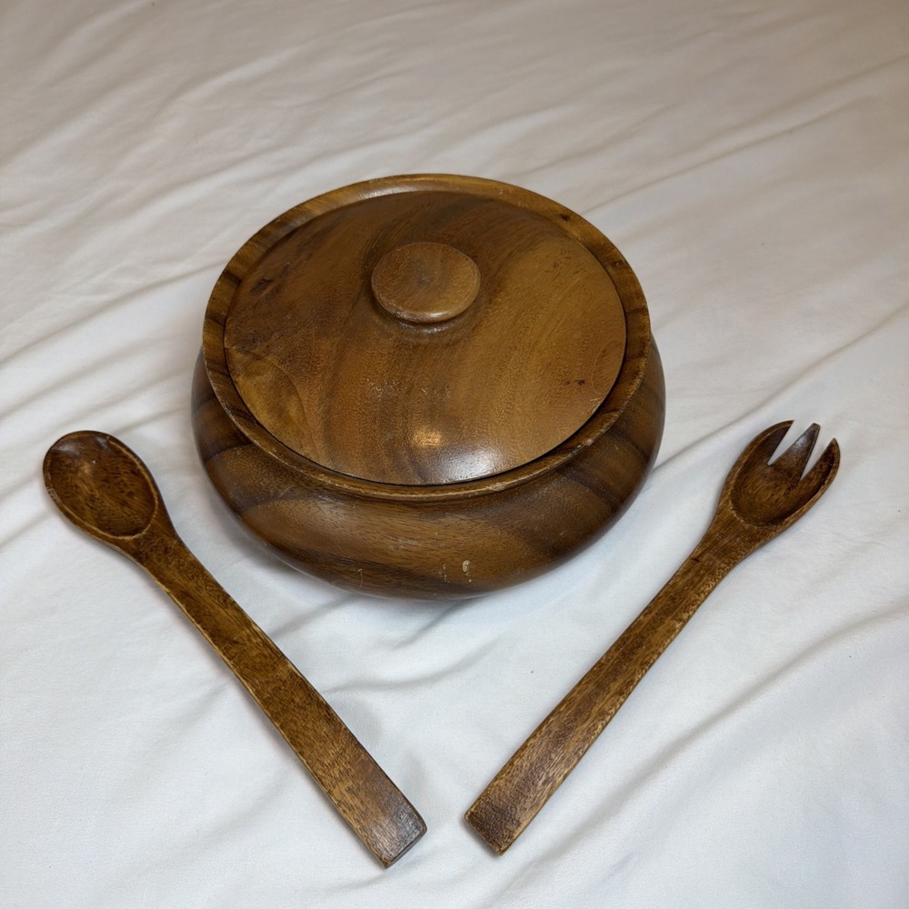 Genuine Hand-carved Monkey Pod Wood Soup Tureen With Lid Spoon Fork
